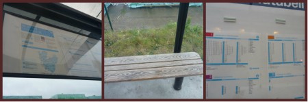 På busshållplatsen, här behöver barnen stå på bänken för att se tidtabellen som vi ser till höger.